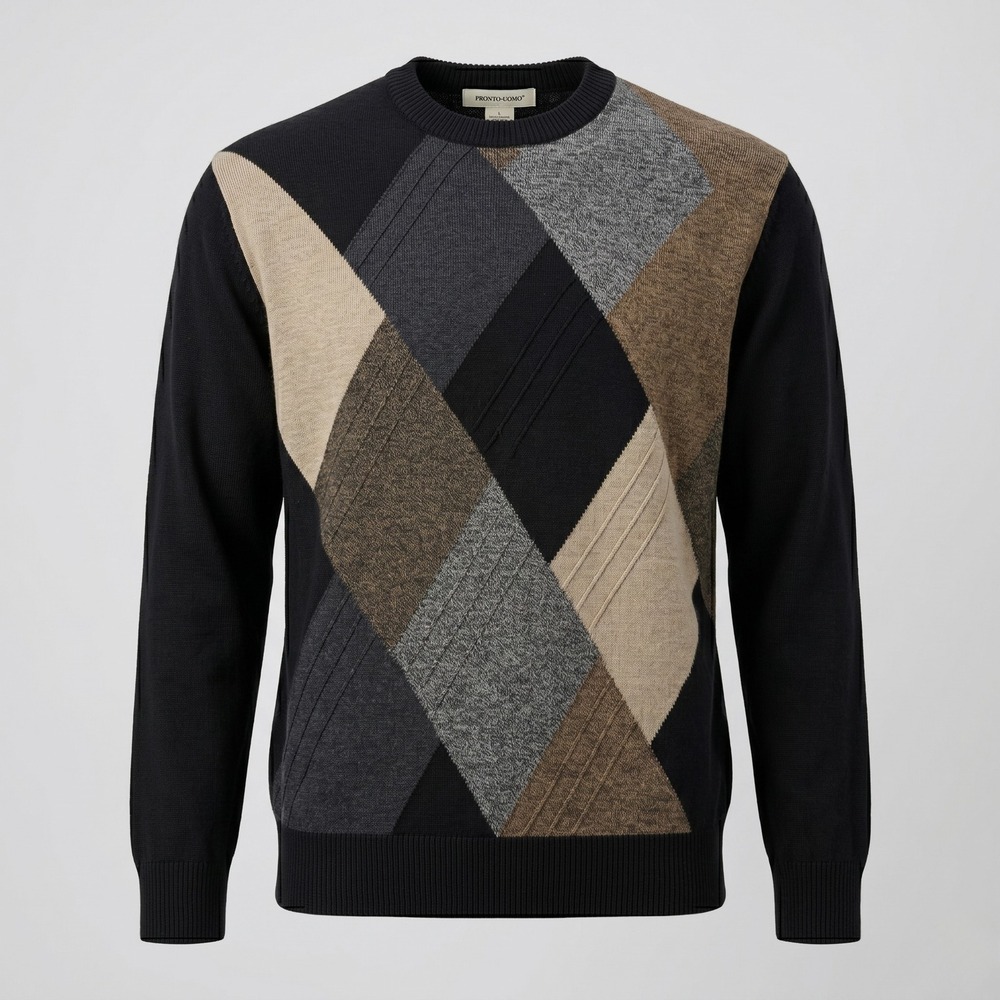 Pronto Uomo Mens Large Black Argyle Sweater Crewneck Wool Blend Geometric Knit